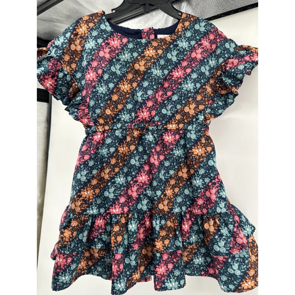 Janie and Jack Diagonal Floral Stripe‎ Ruffle Dress Girls Size 4 Stretch Waist